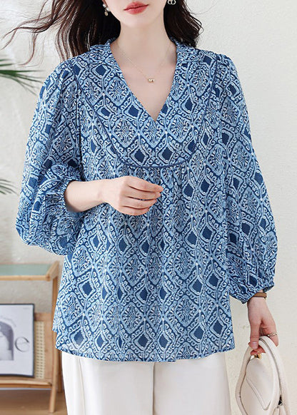 Blue V Neck Geometric Print Chiffon Blouse Top Lantern Sleeve