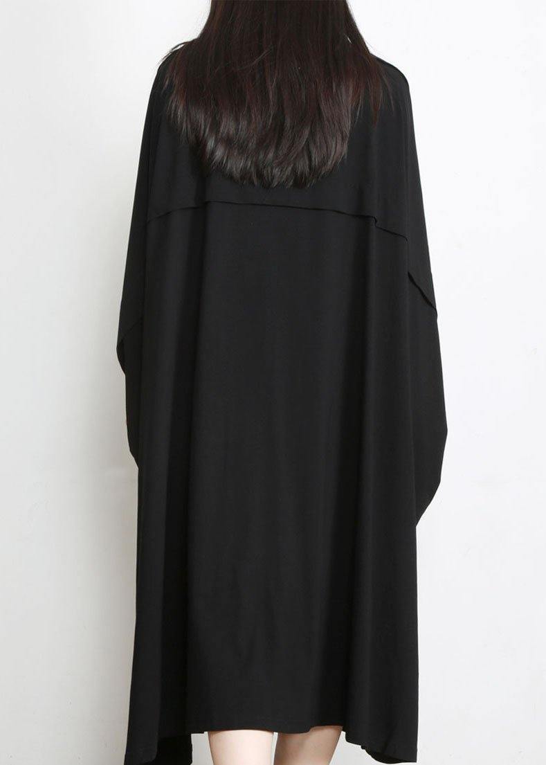 Diy Black Asymmetric Cotton Long Dress O Neck