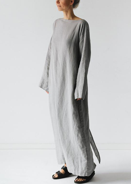 New Grey Tie Waist Cotton Long Dress Long Sleeve