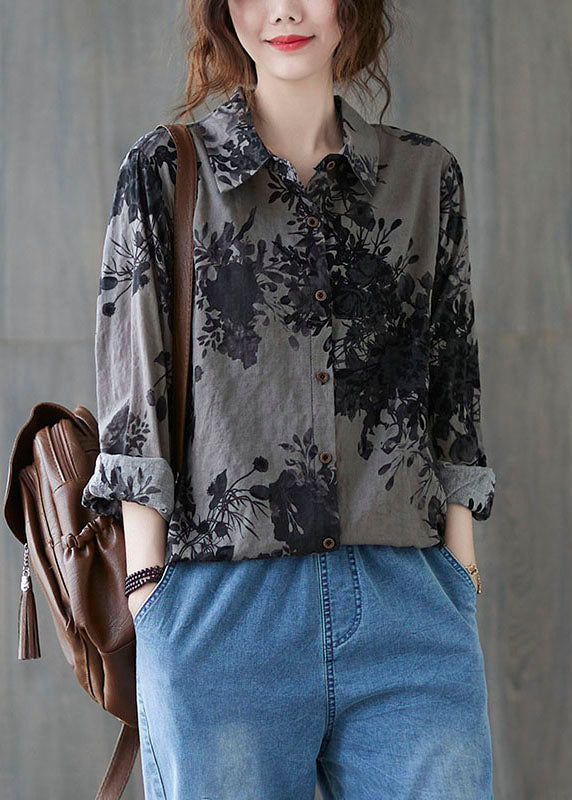 Unique Black Flower Peter Pan Collar Button Print Fall Blouses Long Sleeve