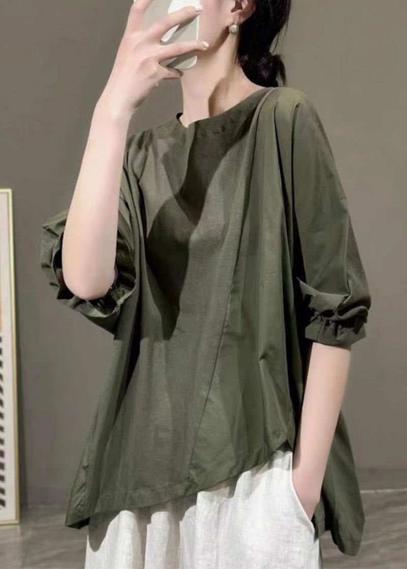 Army Green Asymmetrical Ruffled Cotton T Shirt Half Sleeve