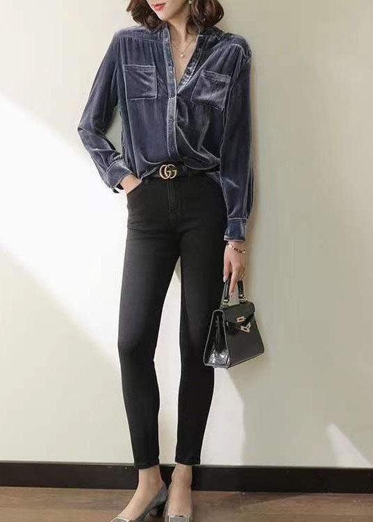 Blue Patchwork Silk Velour Shirt Tops Peter Pan Collar Long Sleeve