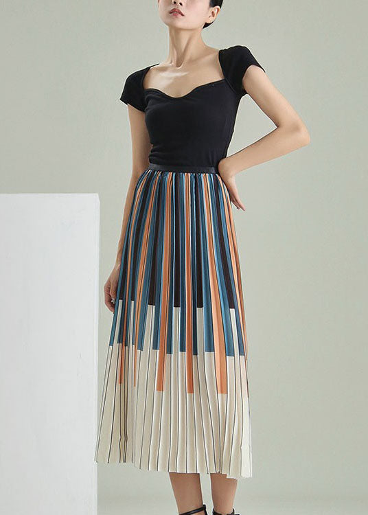 Fitted Colorblock Striped Print Pleated Skirt Spring