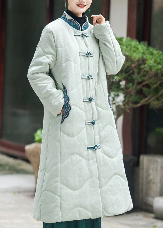 Khaki Stand Collar Embroideried Lengthen Fine Cotton Filled Witner Coat