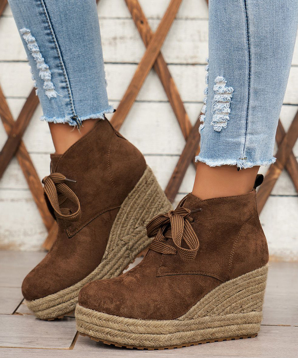 Brown Boots Lace Up Suede Straw Woven Wedge Heels Boots