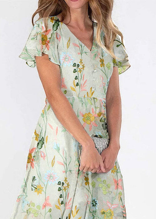 Green V Neck Print Chiffon Long Dresses Summer