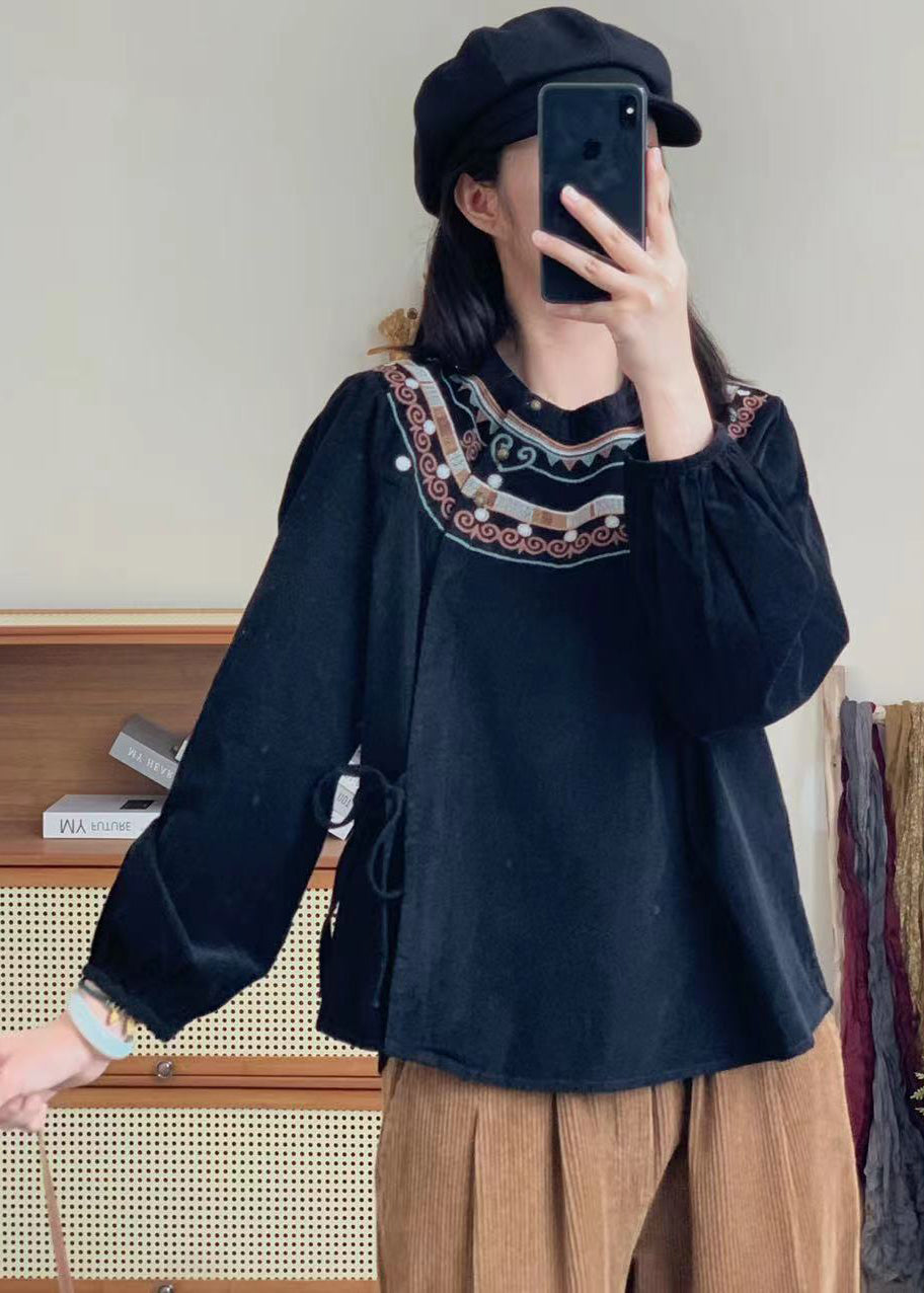 Retro White Embroidered Lace Up Corduroy Shirt Spring