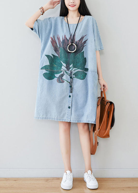 Light Blue Oversized Patchwork Print Cotton Denim Dress Summer