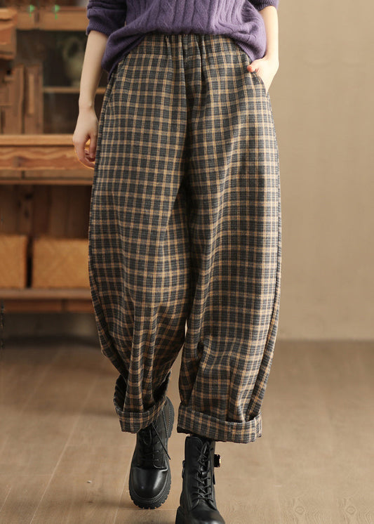 Pockets Plaid Elastic Waist Trousers Spring