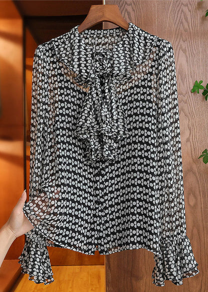Black Print Silk Two Pieces Set Ruffled Flare Sleeve