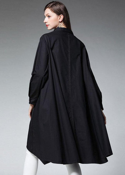 Black Pockets Asymmetrical Design Fall Cotton Long Shirts Long Sleeve