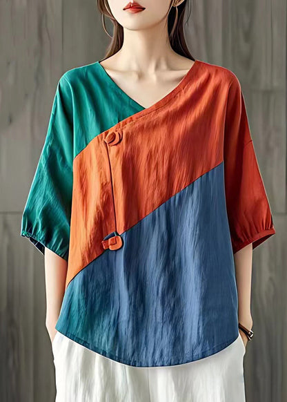 Orange V Neck Patchwork Cotton T Shirts Half Sleeve