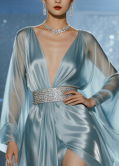 Sky Blue Tunic Draping Tulle Sheer Dresses Summer
