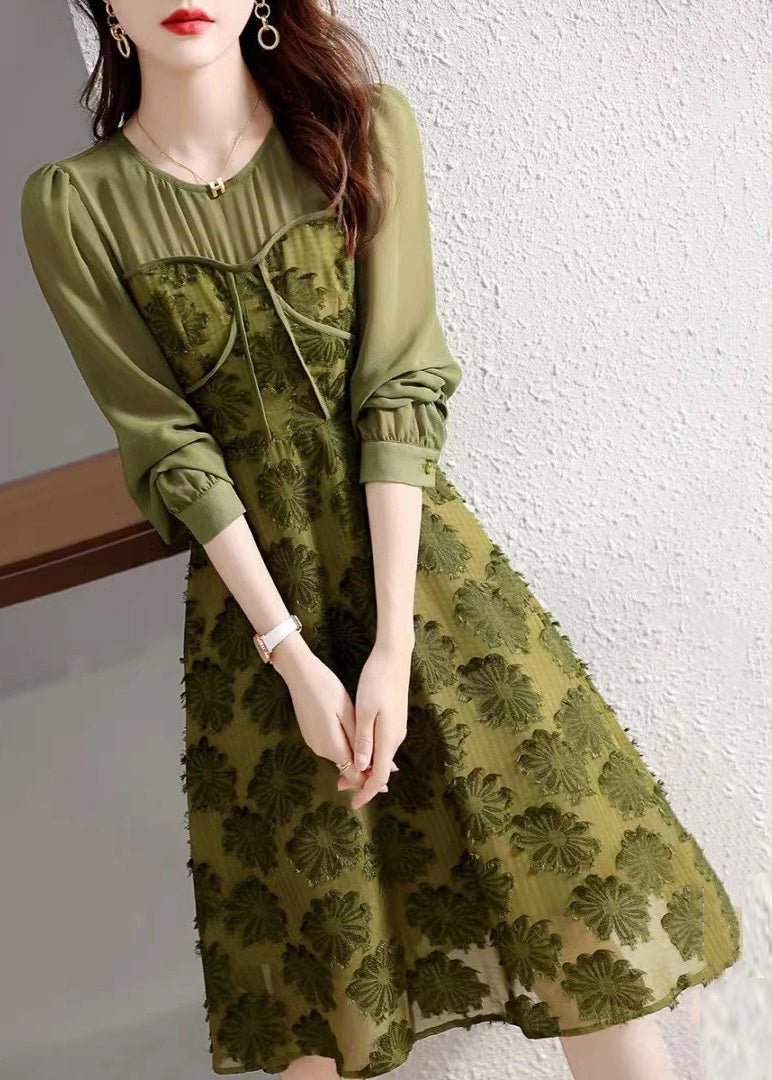 Army Green O Neck High Waist Patchwork Chiffon Dresses Fall