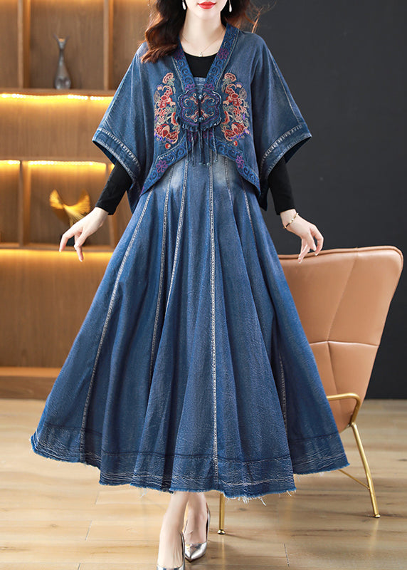 Blue Wrinkled Embroideried Patchwork Denim Three Pieces Set Fall