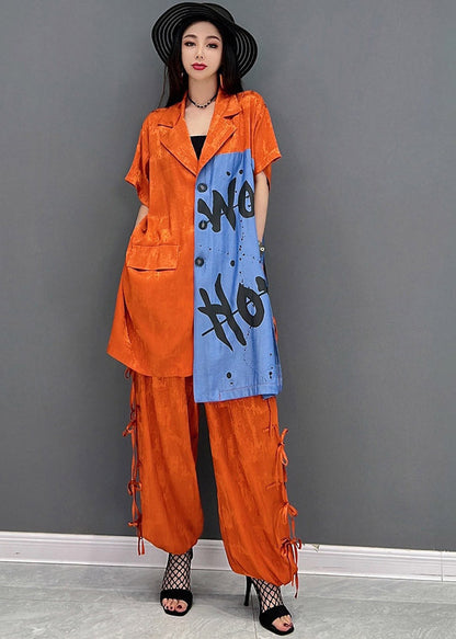 Vogue Red Peter Pan Collar Print Shirt and Pants Two Piece Set Summer