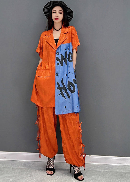 Vogue Red Peter Pan Collar Print Shirt and Pants Two Piece Set Summer