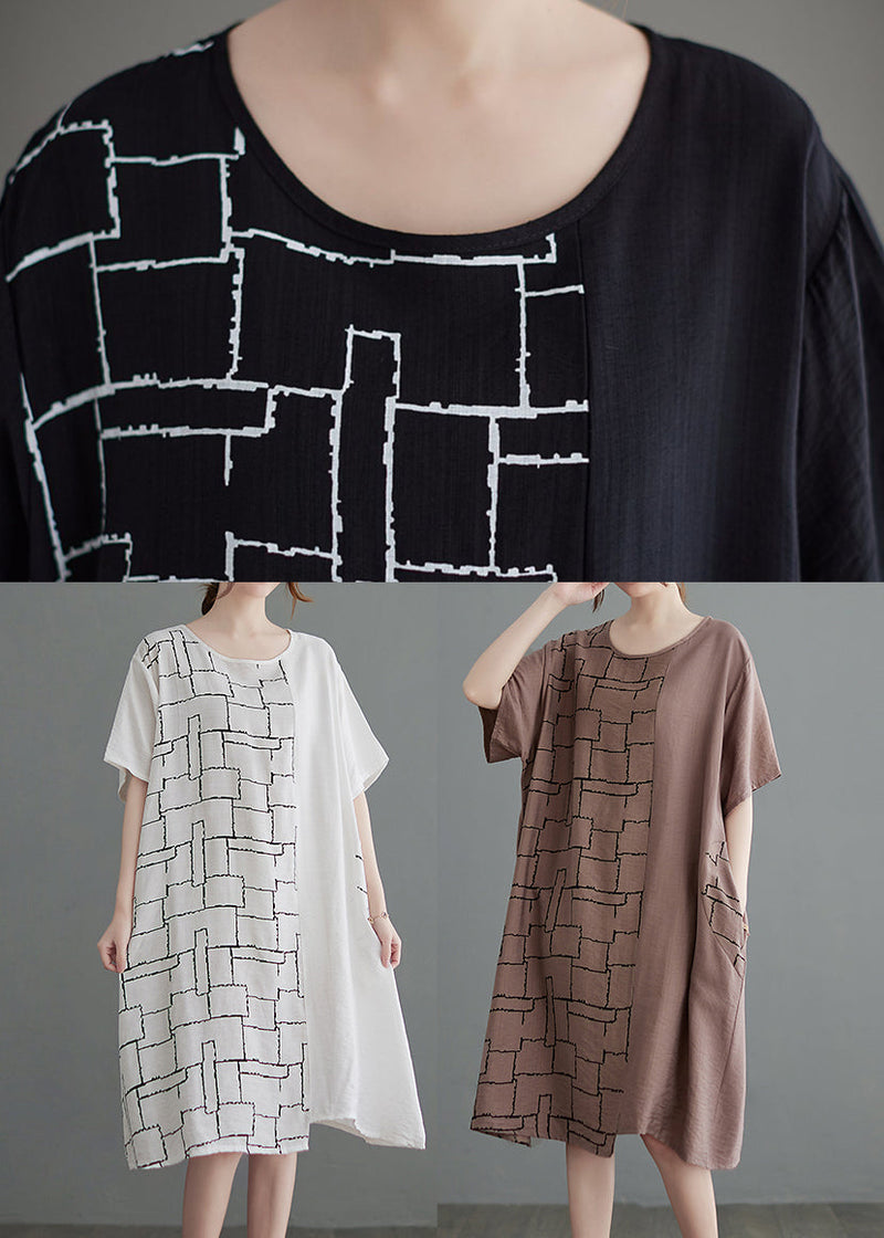 Apricot Loose Cotton Dress O-neck Short Sleeve