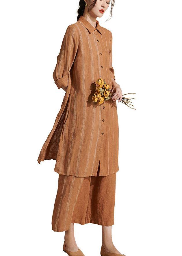 Caramel Side Open Long Shirts Wide Leg Summer Linen Two Pieces Set