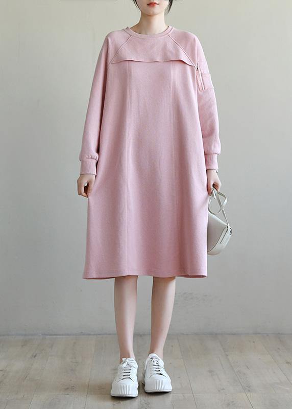 French Pink Patchwork Cotton Long Sleeve Spring Vacation Dresses