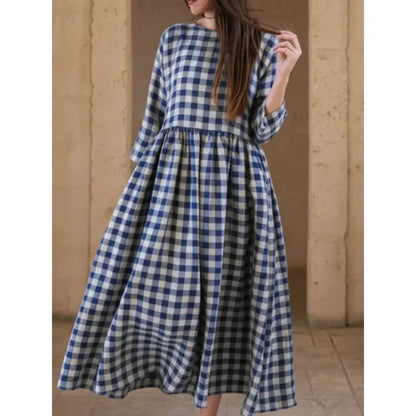 Classy Yellow Plaid Ruffled Wrinkled Pockets Fall Patchwork Vacation Dresses Long Sleeve