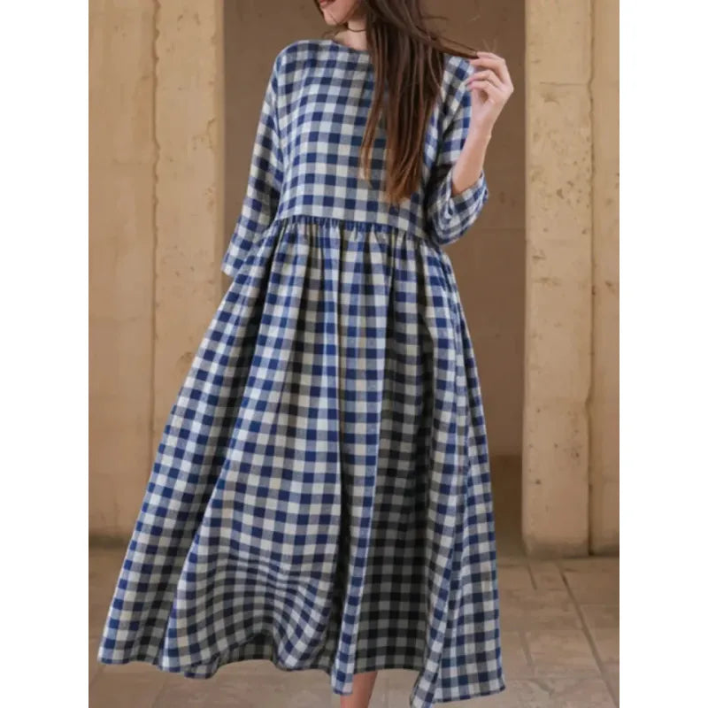 Classy Yellow Plaid Ruffled Wrinkled Pockets Fall Patchwork Vacation Dresses Long Sleeve