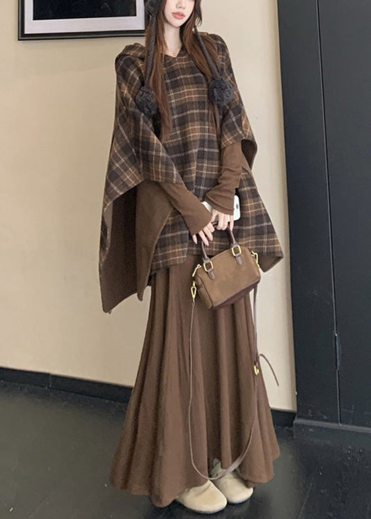 Plaid Wear on Both Sides Coats and Long Dress Two Pieces Set Cloak Sleeve