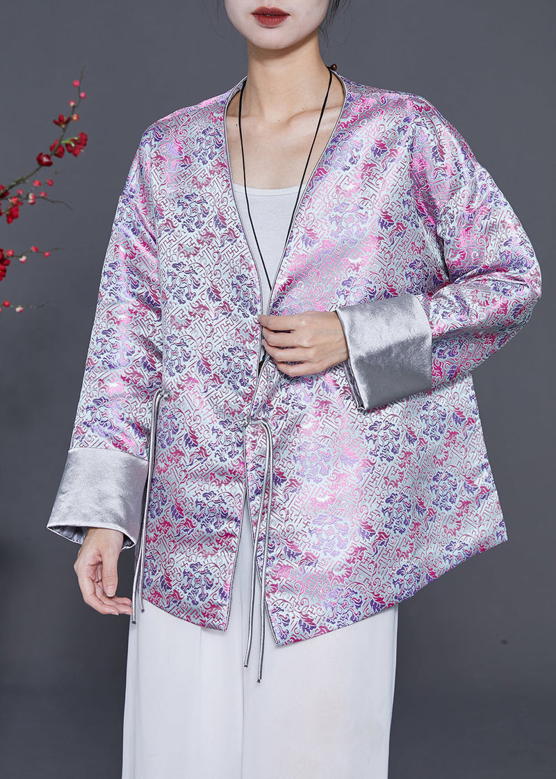 Light Purple Tasseled Print Silk Coats Spring