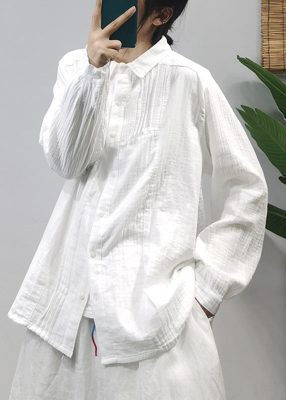Classy Green Button Peter Pan Collar Wrinkled Cotton Shirts Long Sleeve