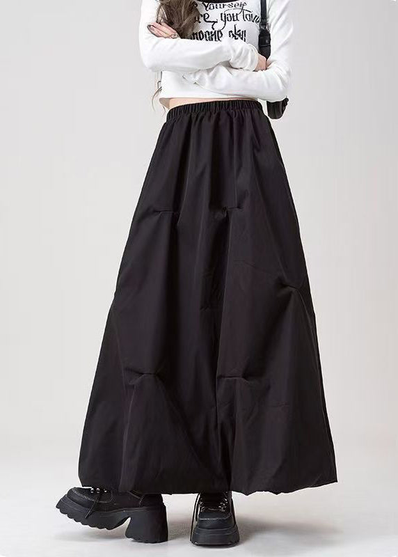 Grey Wrinkled Elastic Waist Cotton Skirts Fall