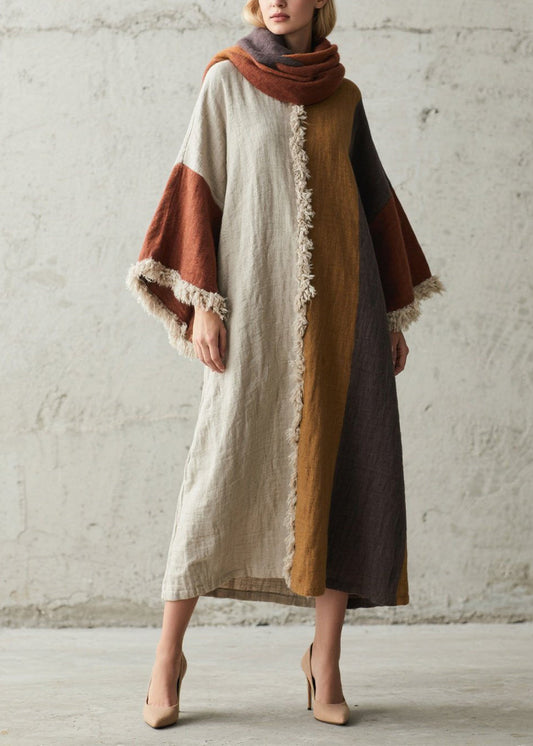 Colorblock Tassel Patchwork Cotton Dresses Fall
