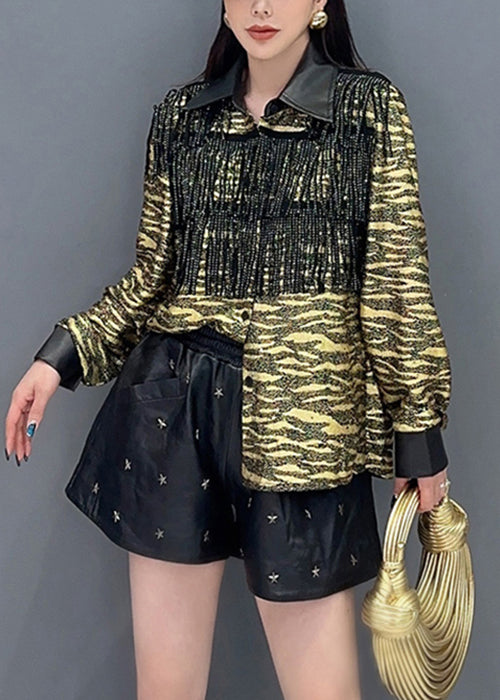 Yellow Tasseled Faux Leather Patchwork Blouse Spring