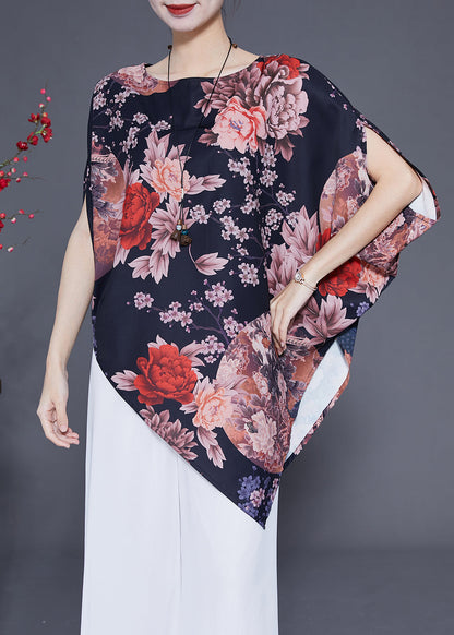 Black Asymmetrical Design Print Silk Top Summer