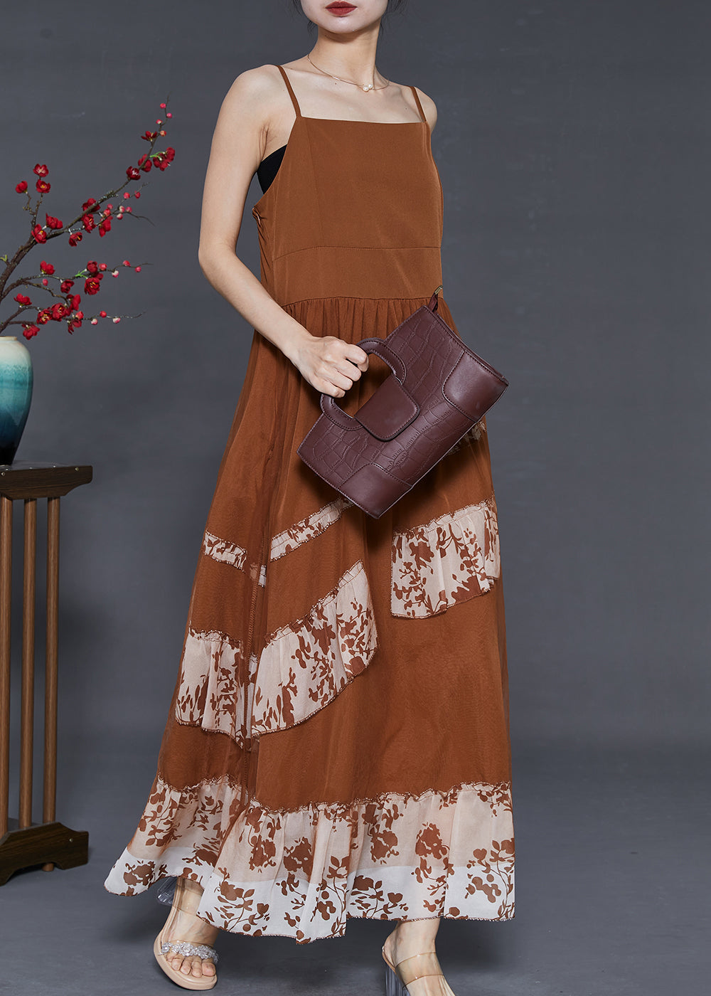 Coffee Patchwork Chiffon Spaghetti Strap Dress Summer