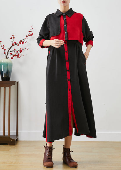 Red Patchwork Cotton Dress and Vest Two Pieces Set Tie Waist Fall