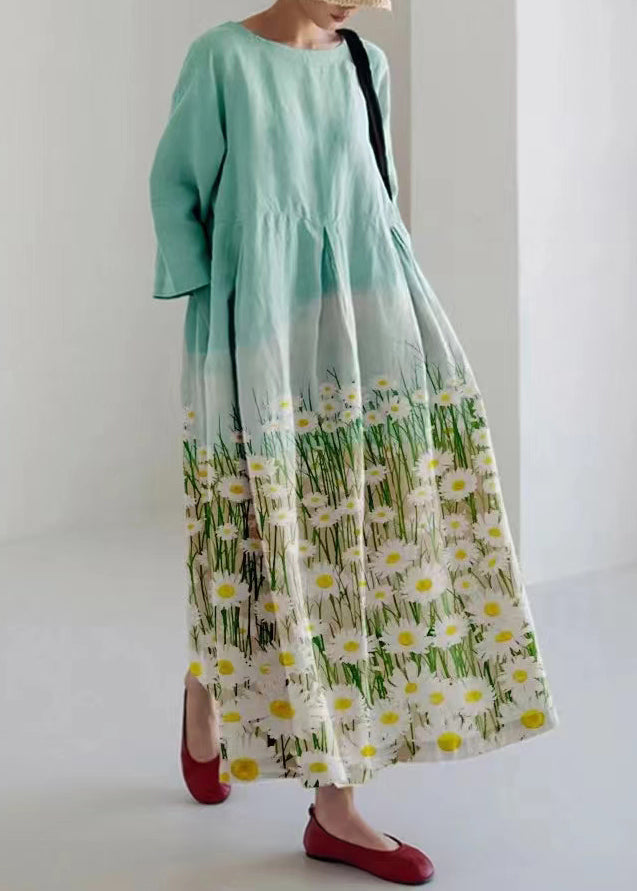 Loose Light Green O-neck Print Pockets Vacation Long Dresses Bracelet Sleeve