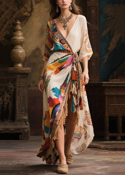 Beige Tasseled Side Open Chiffon Holiday Dress Summer