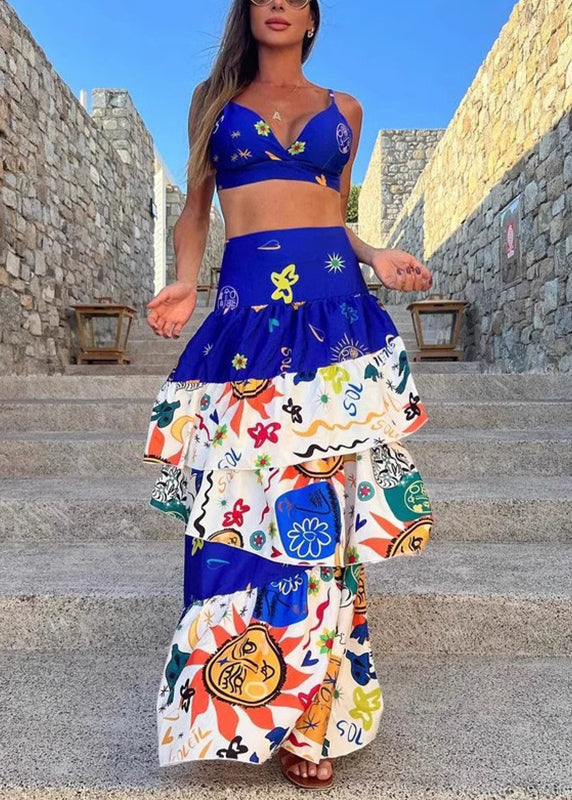 Blue Lingerie and Maxi Cake Skirts Two Pieces Set Summer