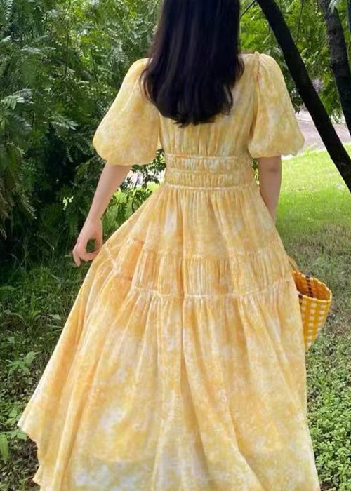 Yellow V Neck Print Chiffon Long Dress Summer