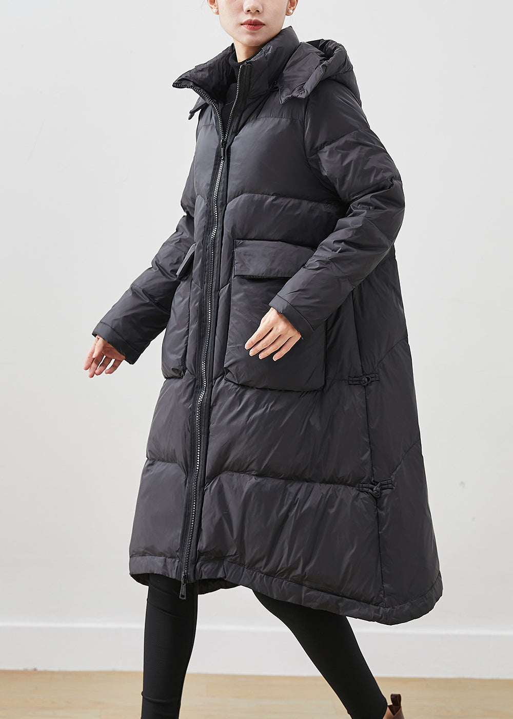French Black Hooded Big Pockets Duck Down Jacket in Winter
