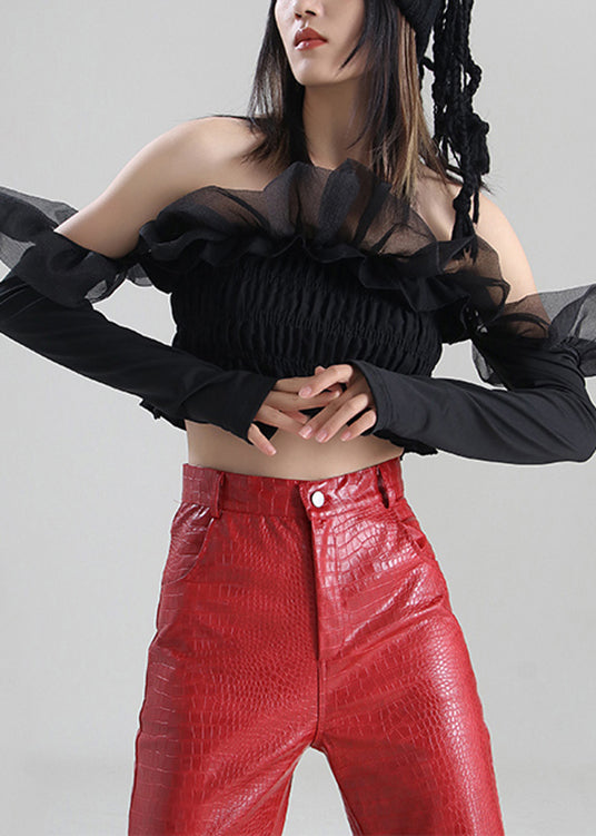 Diy Black Ruffled Tulle Wrinkled Cotton Top Long Sleeve