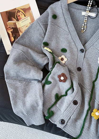 Loose Grey V Neck Button Knit Coats Fall