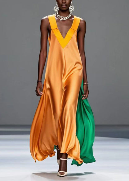 Yellow V Neck Patchwork Silk Summer Dress Sleeveless