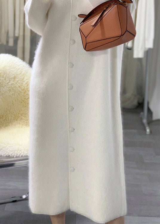 French White Puff Sleeve Button Patchwork Cotton Blend Coat Winter