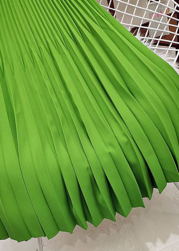 Green Elastic Waist Wrinkled Silk Pleated Skirts Spring
