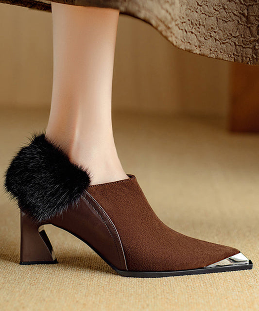Brown High Heels Chunky Suede Splicing Fuzzy Fur