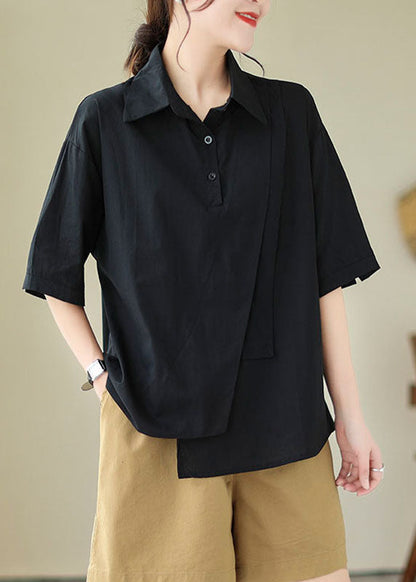 Black Peter Pan Collar Asymmetrical Design Cotton Top Summer