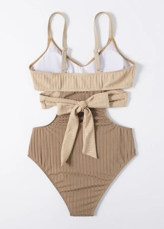 Classy Beige Striped Patchwork Backless Swimwear Bodysuit
