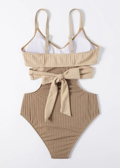 Classy Beige Striped Patchwork Backless Swimwear Bodysuit