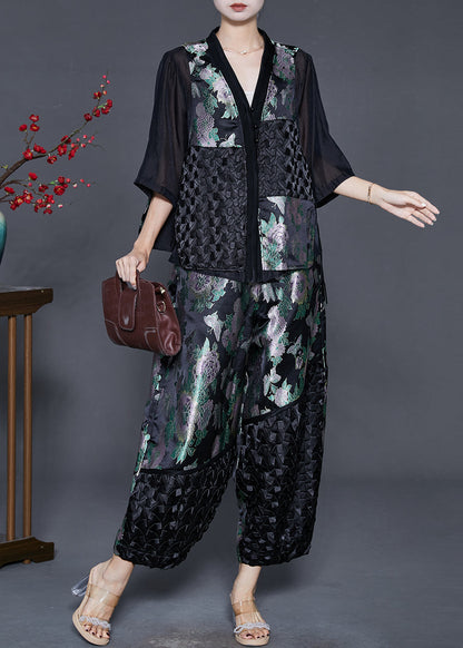 Black Oversized Patchwork Silk Two Pieces Set Summer